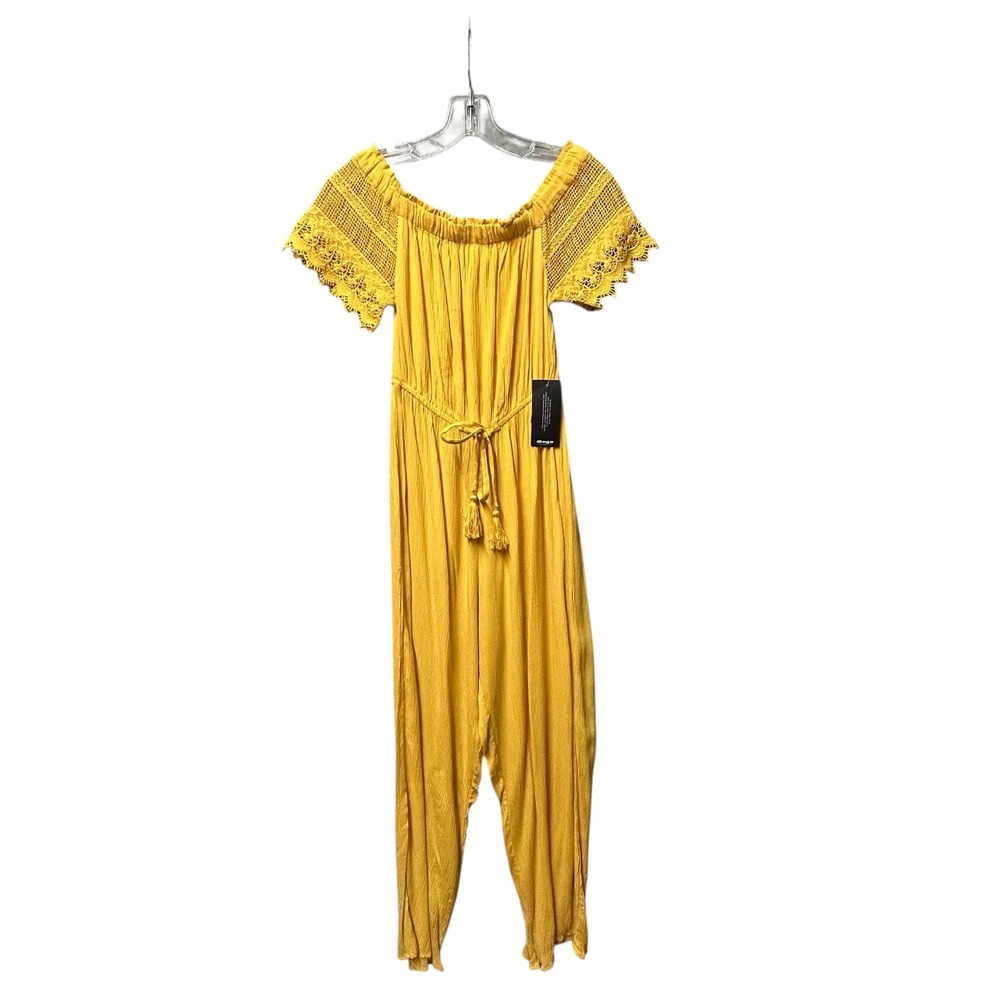 NEW Hint of Blush Yellow Off Shoulder Crochet Sleeve Jumpsuit Tassel Tie Waist S